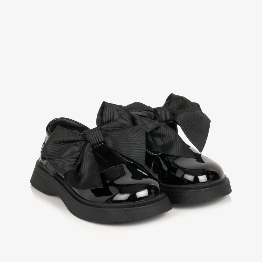 A Dee-Girls Black Faux Patent Leather Shoes with Grosgrain Bows | Childrensalon