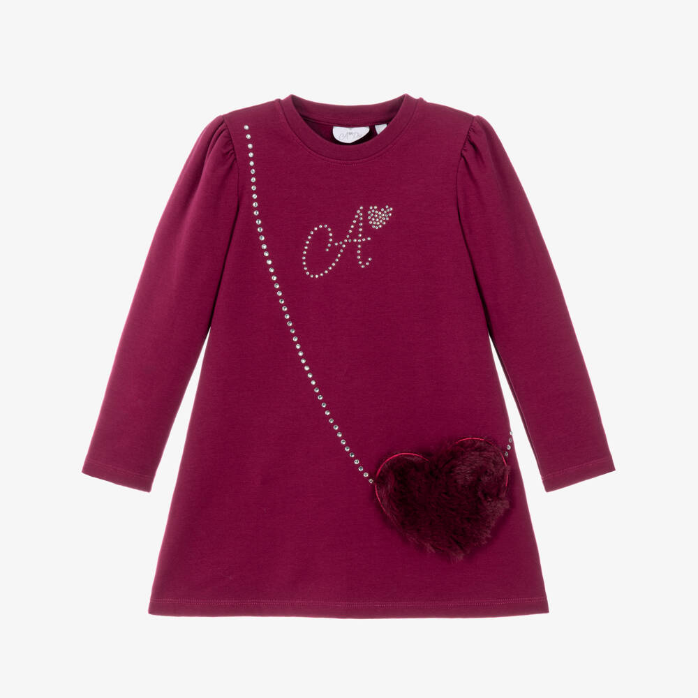 A Dee-Girls Red Cotton Jersey Dress with Fluffy Bag Appliqué | Childrensalon