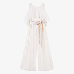Amaya-Girls Ivory Chiffon Jumpsuit with Lace Belt | Childrensalon