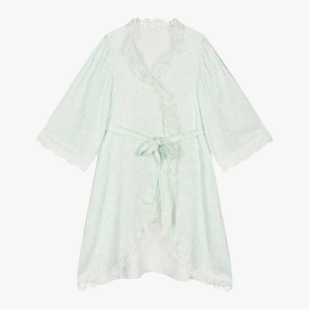 AMIKI Children-Girls Green Floral Print Dressing Gown with Lace Trims | Childrensalon