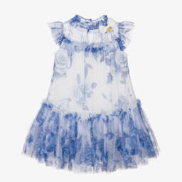 Angel's Face-Girls Blue Floral Tulle Dress with Logo Bow | Childrensalon