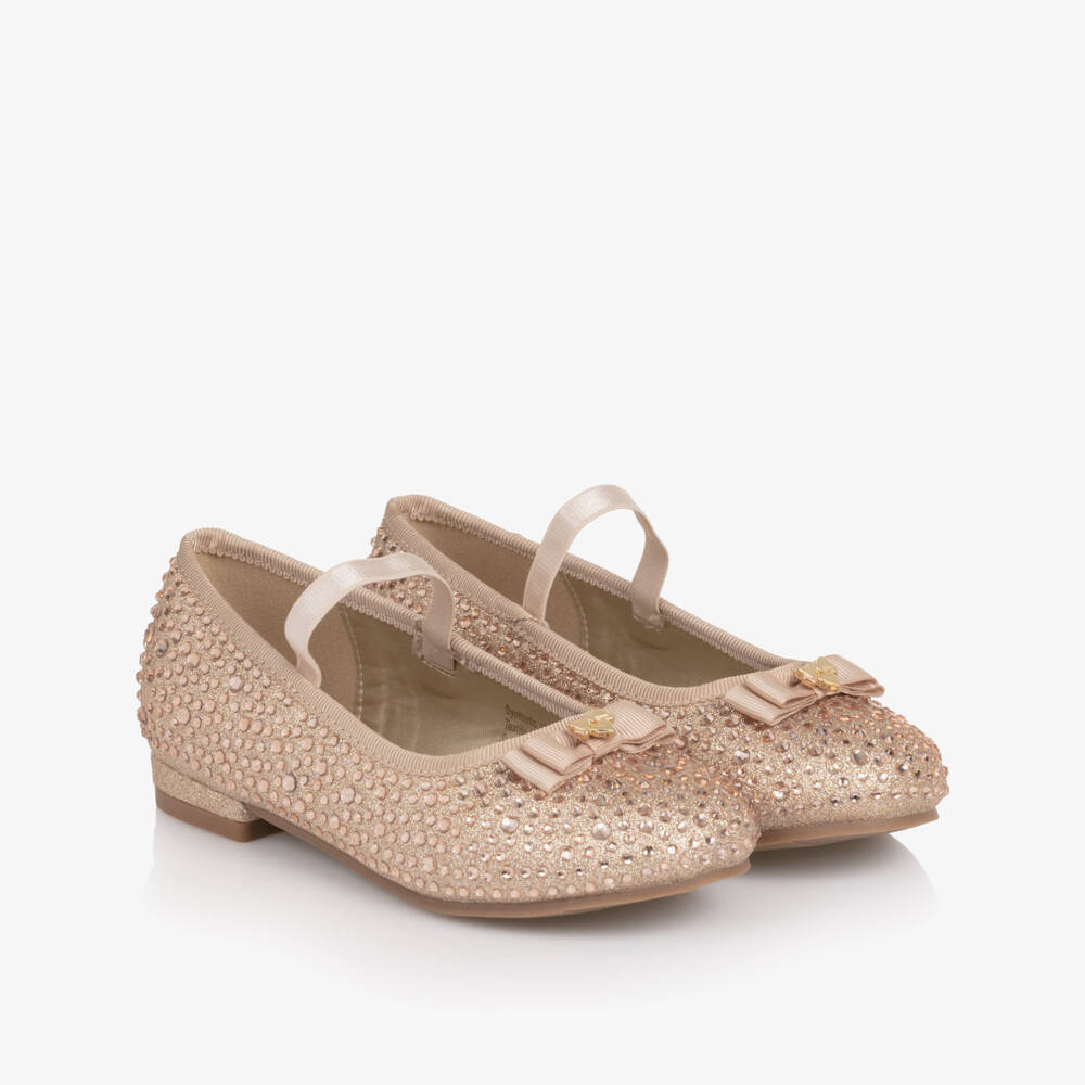 Angel's Face-Girls Gold Glitter & Diamanté Ballerina Shoes with Logo Bow | Childrensalon