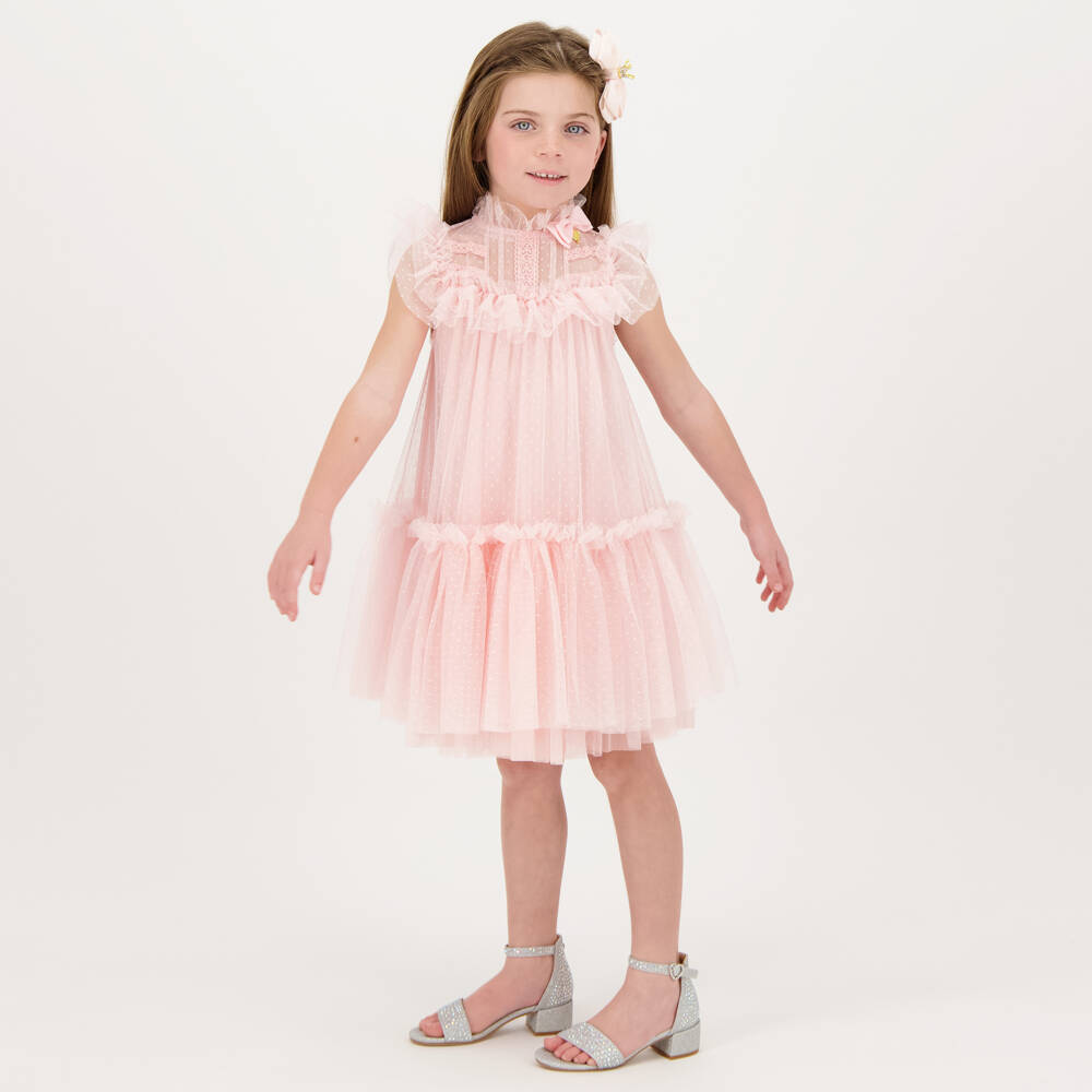 Angel's Face-Girls Pink Spotted Tulle Dress with Ruffles | Childrensalon
