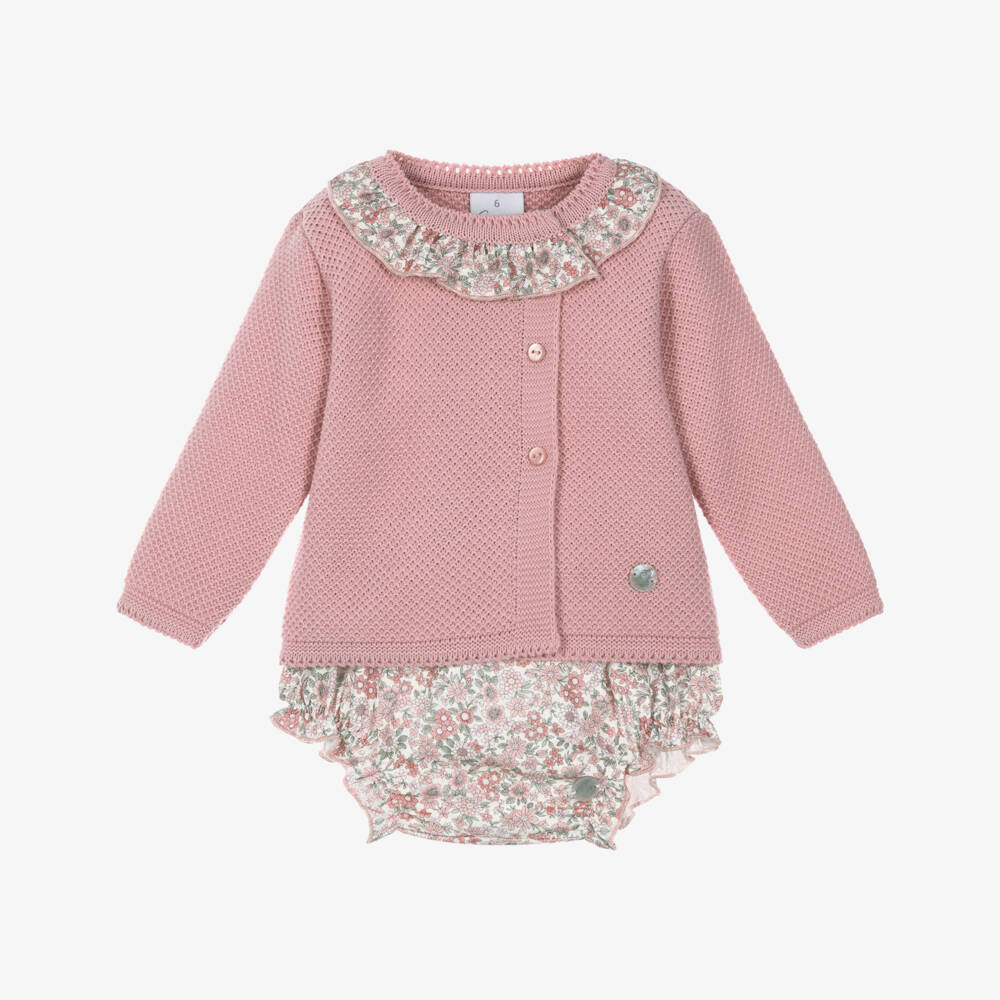 Artesanía Granlei-Baby Girls Pink Knit & Floral Shorts Set | Childrensalon