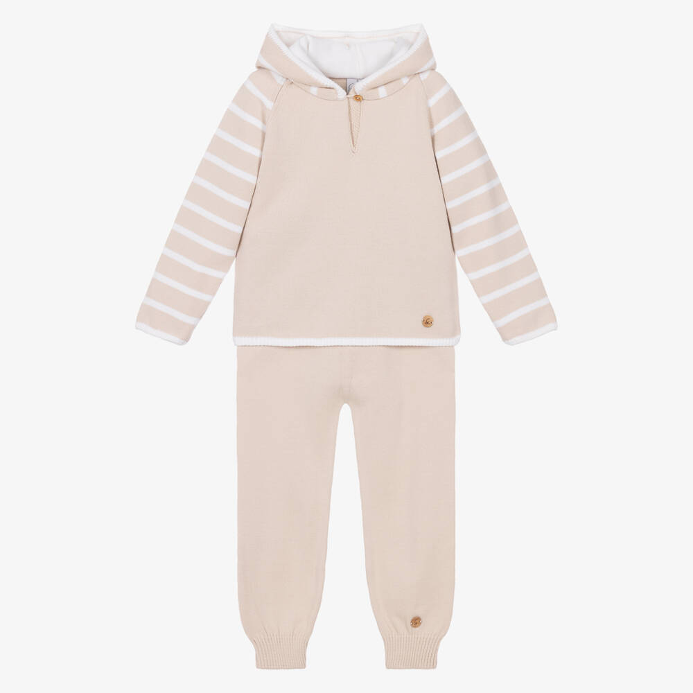 Artesanía Granlei-Boys Beige Knitted Tracksuit with White Stripes | Childrensalon