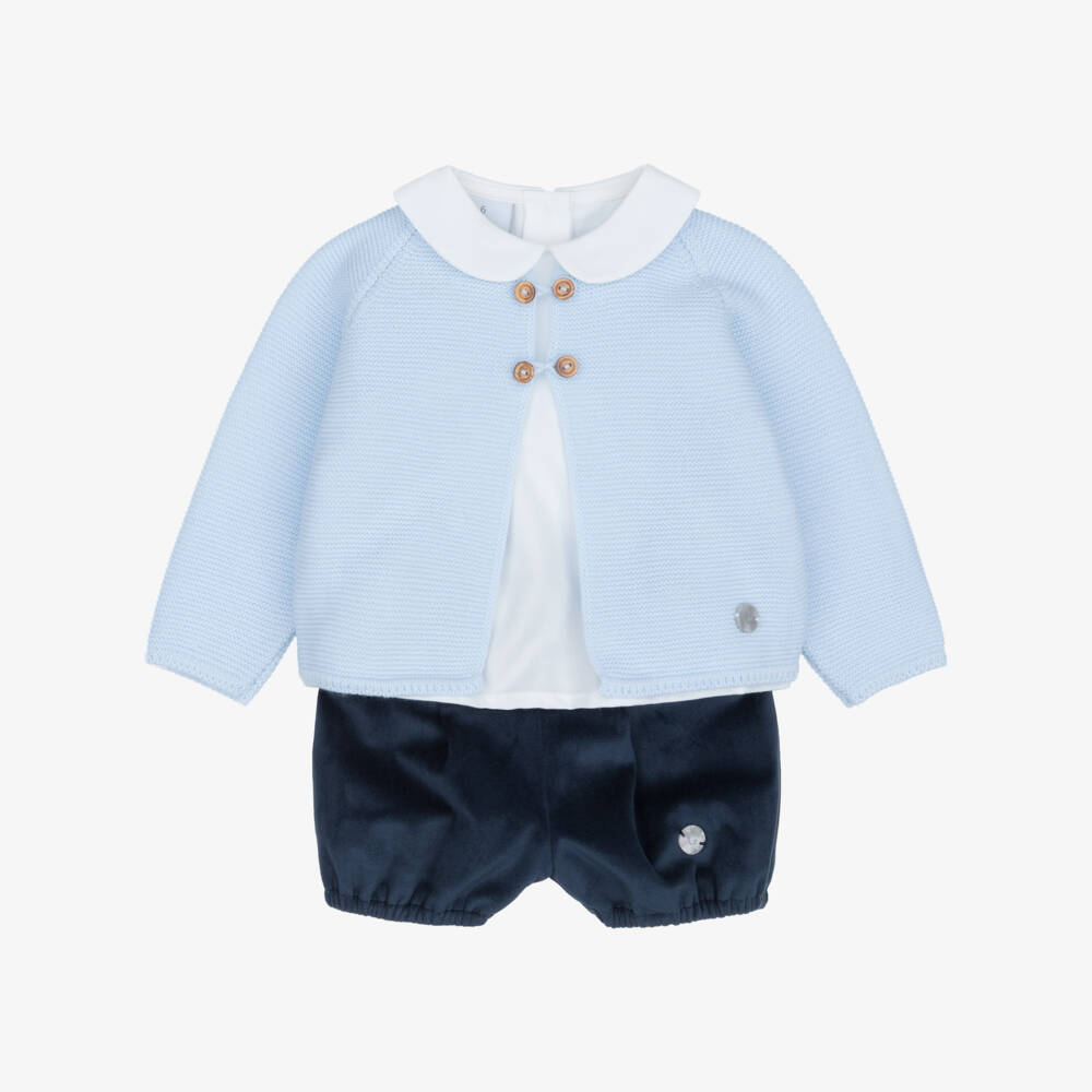 Artesanía Granlei-Boys Blue Velvet Shorts & Cardigan Set | Childrensalon
