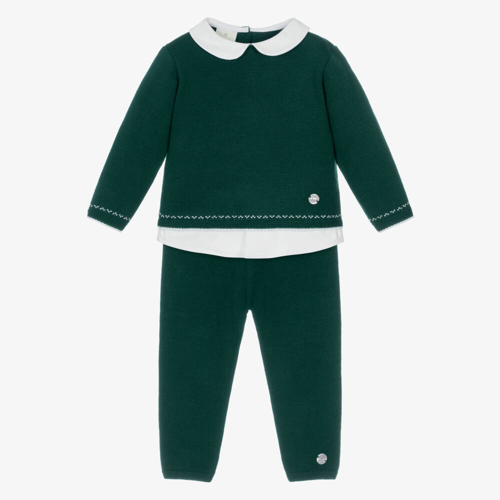 Artesanía Granlei-Boys Dark Green Knitted Trouser Set with Collar | Childrensalon