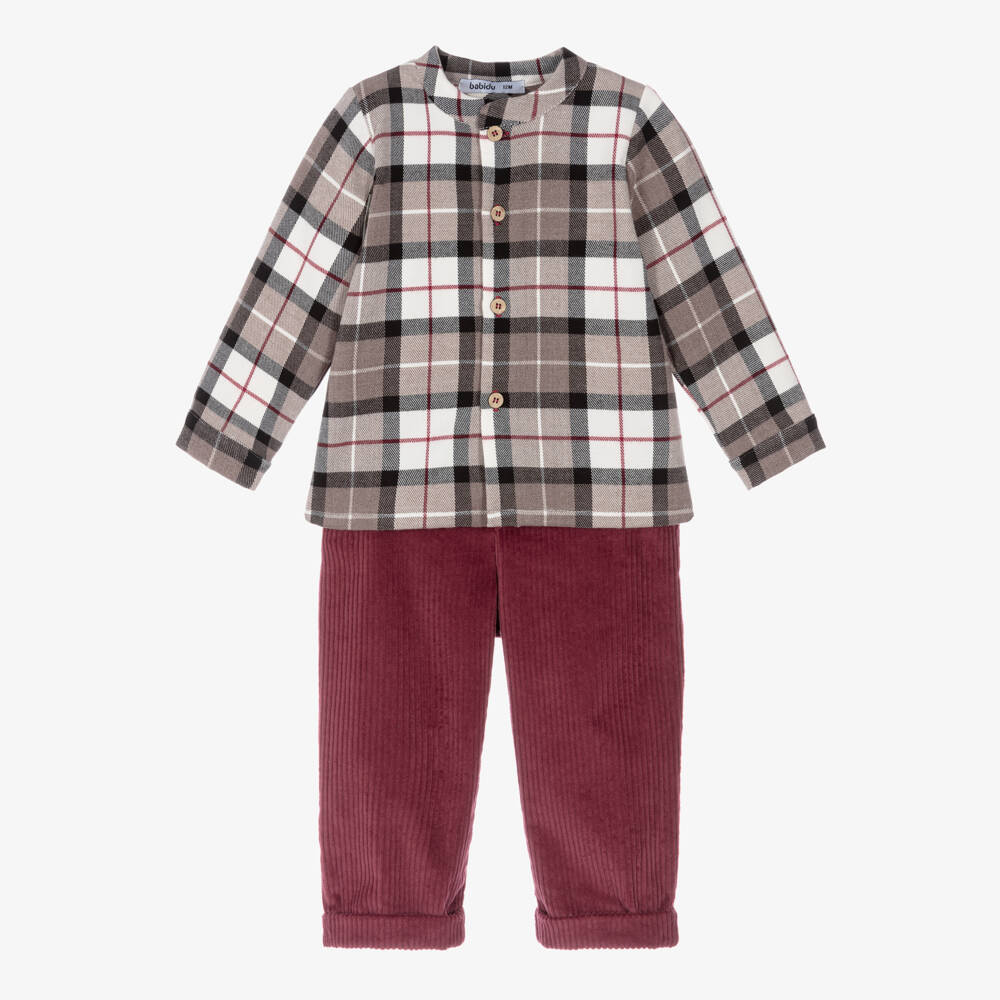 Babidu-Boys Beige Check & Burgundy Red Trouser Set | Childrensalon