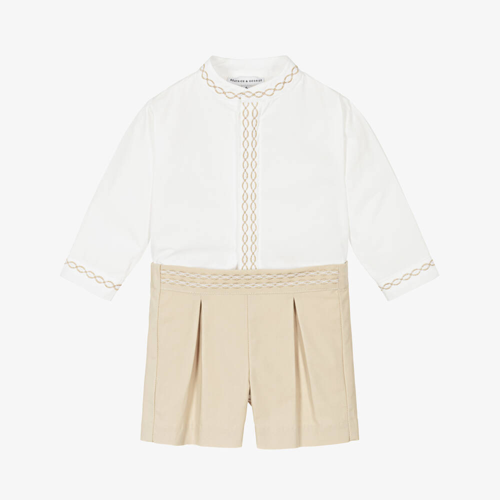 Beatrice & George-Boys Beige Embroidered Cotton Buster Suit | Childrensalon