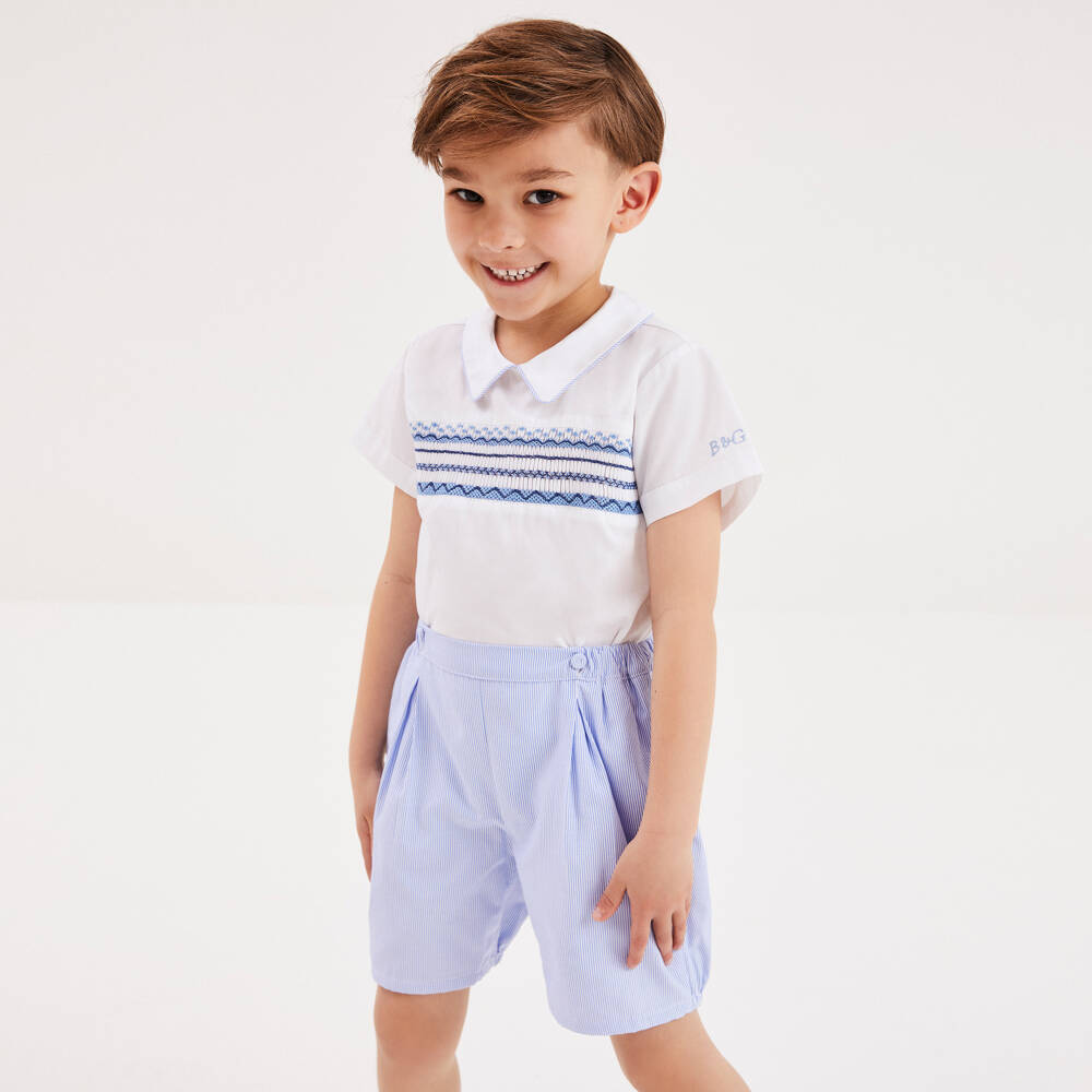 Beatrice & George-Boys Blue Hand-Smocked Cotton Buster Suit | Childrensalon