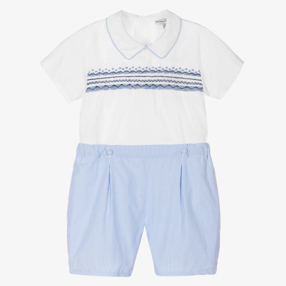 Beatrice & George-Boys Blue Hand-Smocked Cotton Buster Suit | Childrensalon