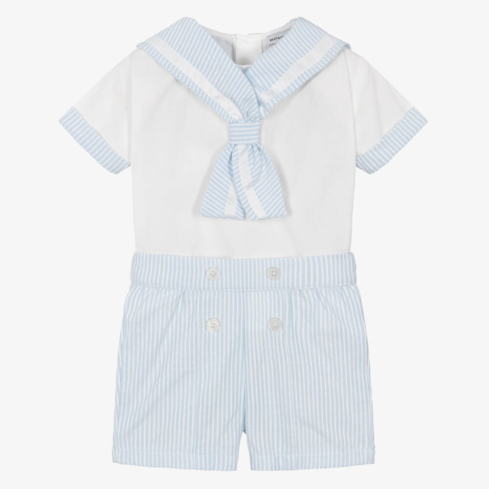 Beatrice & George-Boys Blue Striped Sailor Buster Suit | Childrensalon