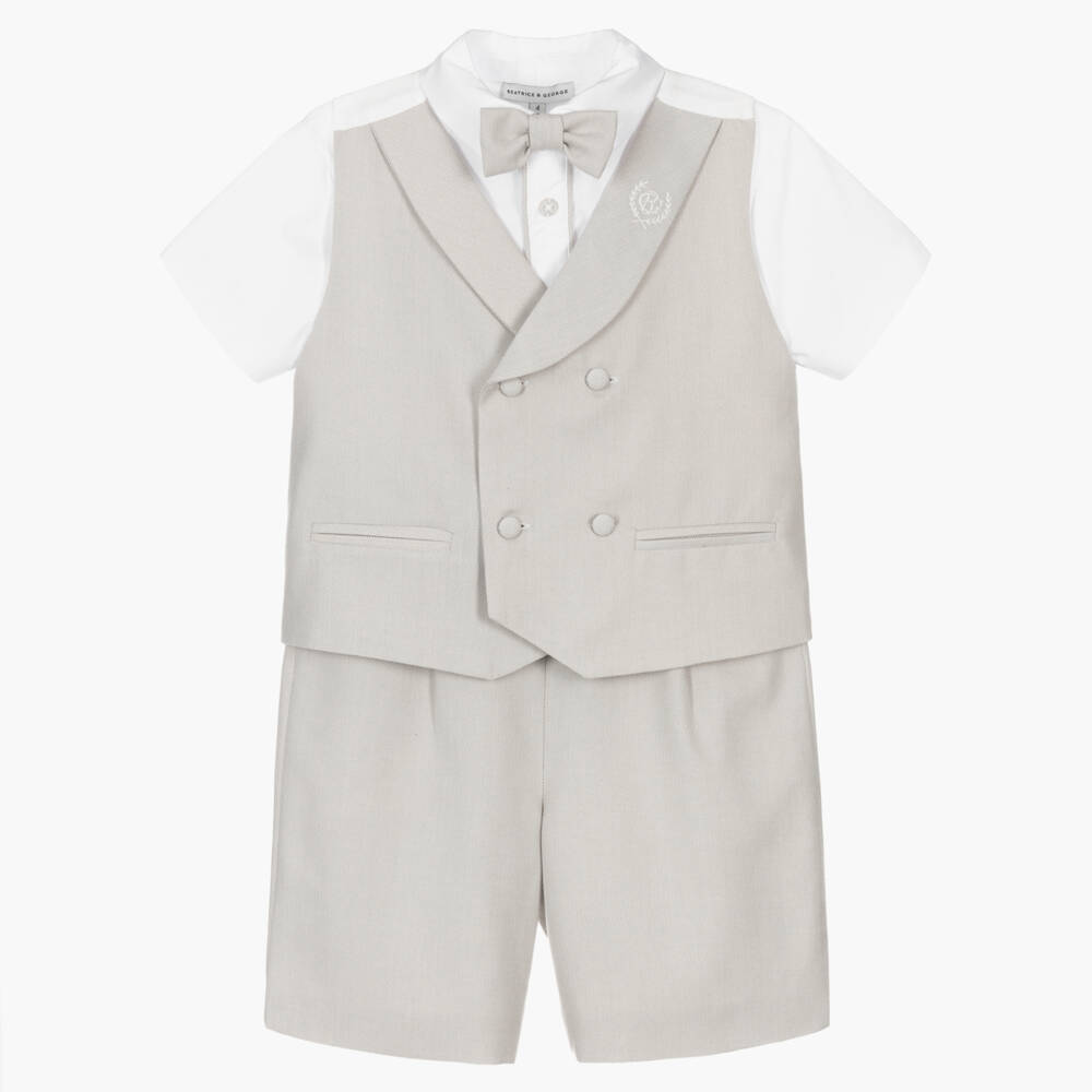 Beatrice & George-Boys Grey Herringbone Double-Breasted Waistcoat Suit  | Childrensalon