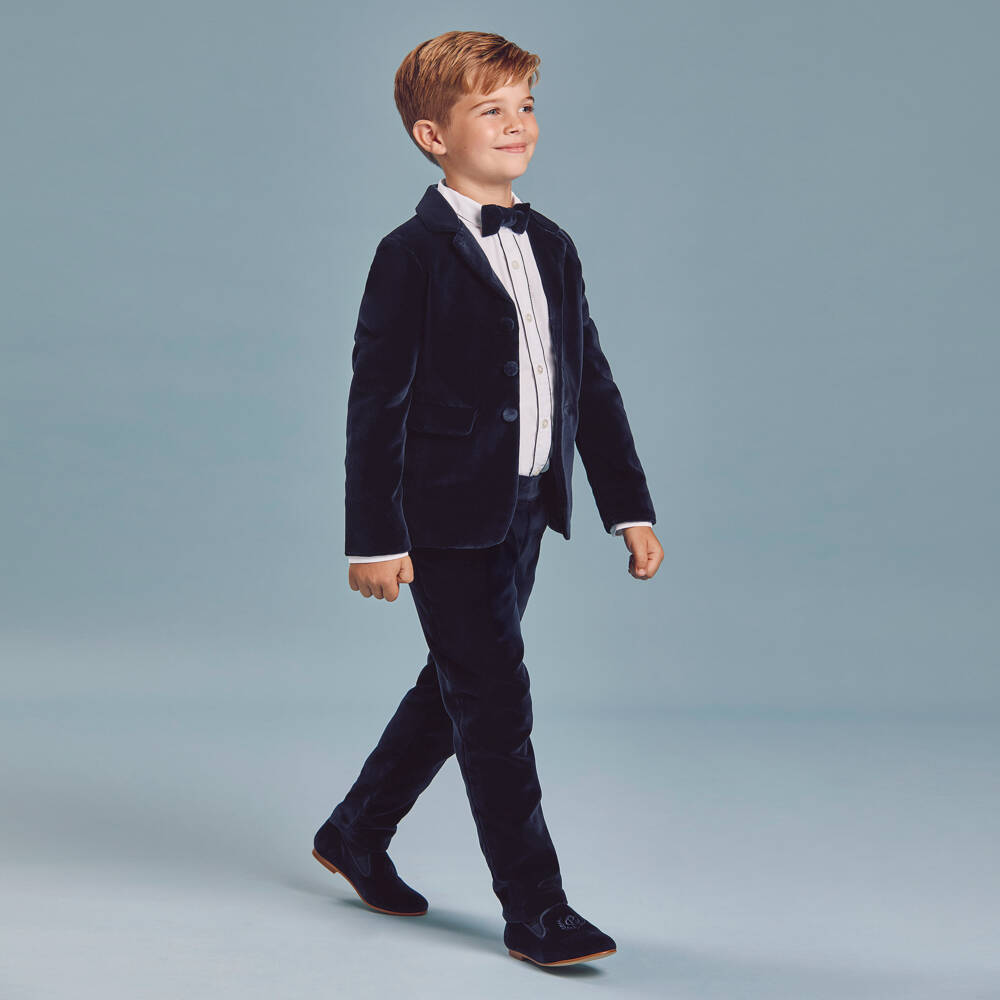 Beatrice & George-Boys Navy Blue Velvet Suit  | Childrensalon