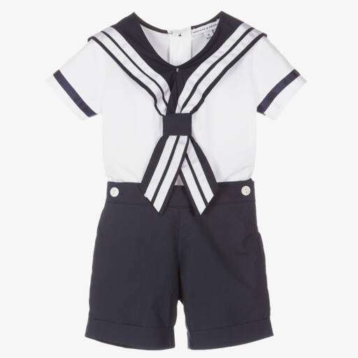 Beatrice & George-Boys White & Blue Cotton Sailor Buster Suit | Childrensalon