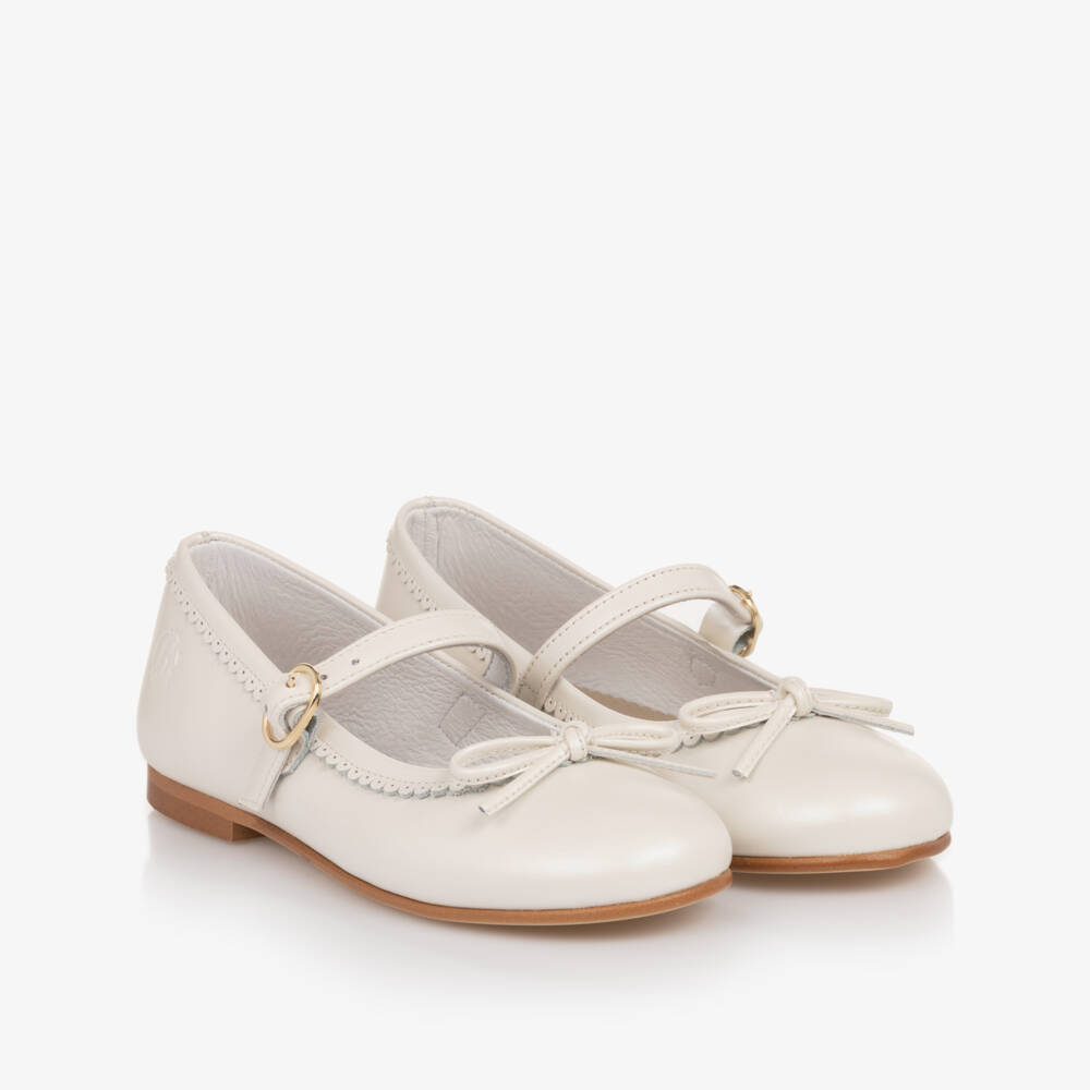 Beatrice & George-Girls Ivory Leather Mary Jane Shoes with Bow | Childrensalon