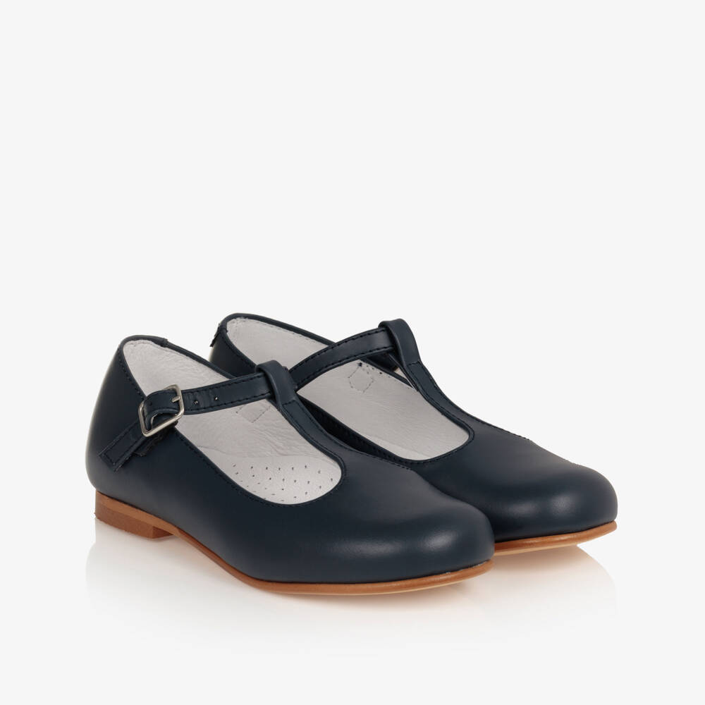 Beatrice & George-Girls Navy Blue Leather T-Bar Shoes | Childrensalon