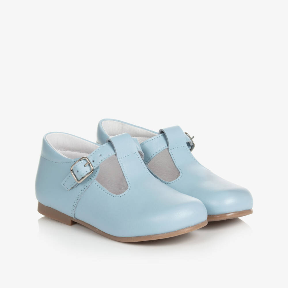 Beatrice & George-Pale Blue Leather Buckle T-Bar Shoes | Childrensalon