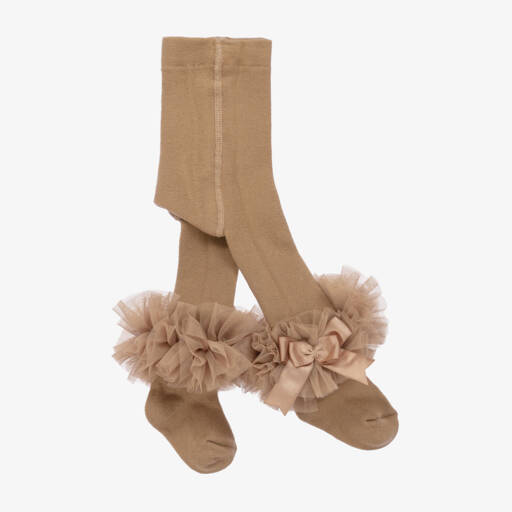 Beau KiD-Girls Beige Cotton Tights with Frilly Ankles | Childrensalon