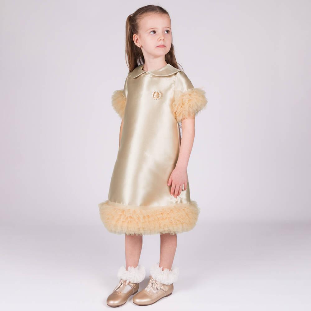 Beau KiD-Girls Gold Satin & Ruffled Tulle Dress | Childrensalon