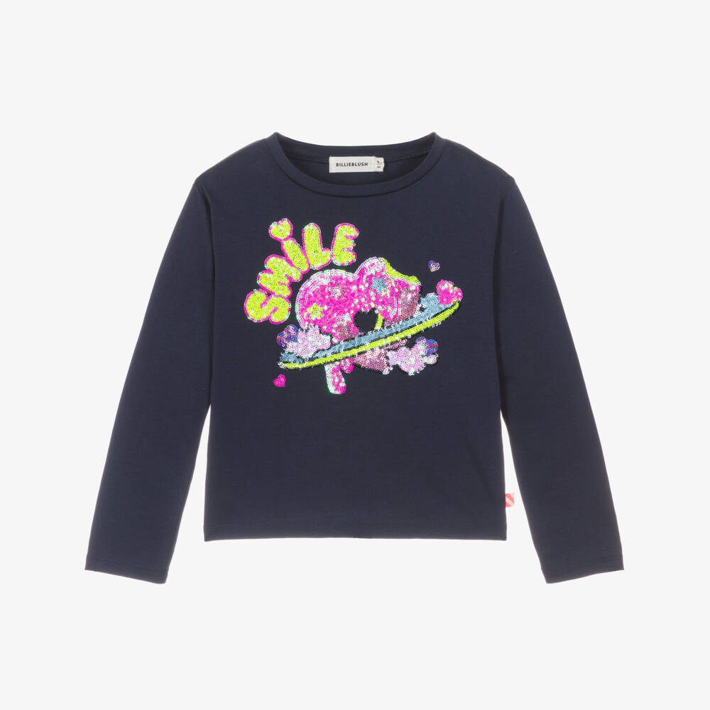 Billieblush-Girls Blue Sequin Heart Long Sleeve Top | Childrensalon