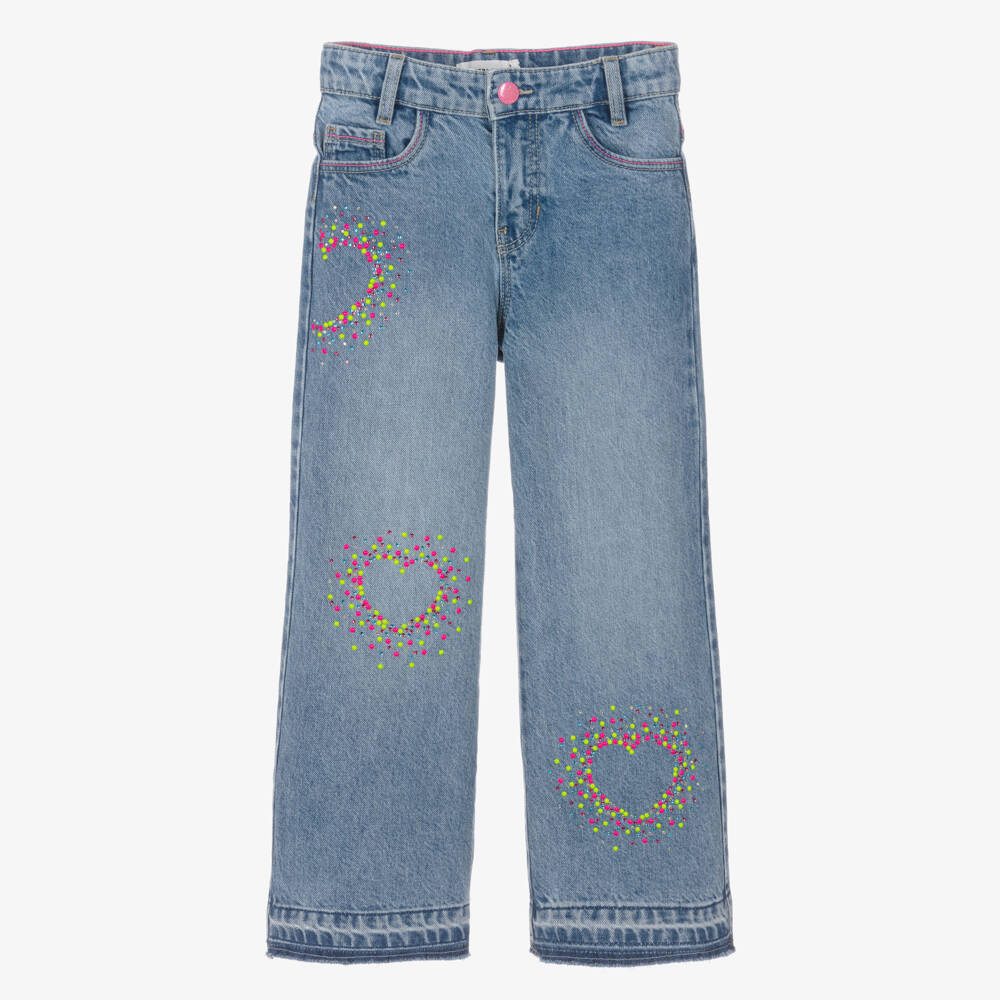 Billieblush-Girls Blue Wide Leg Jeans with Sparkly Neon Hearts | Childrensalon
