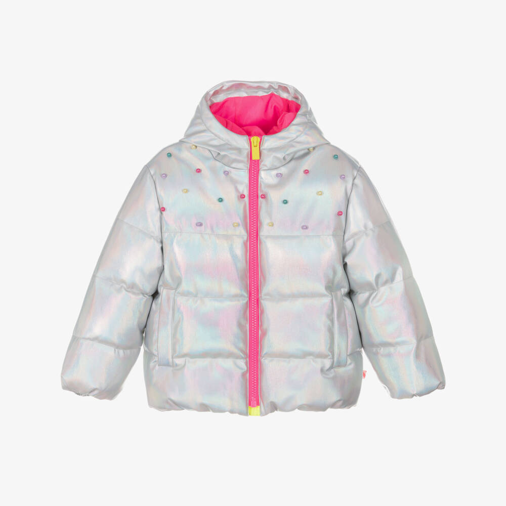Billieblush-Girls Iridescent Silver Coat with Decorative Pearls | Childrensalon