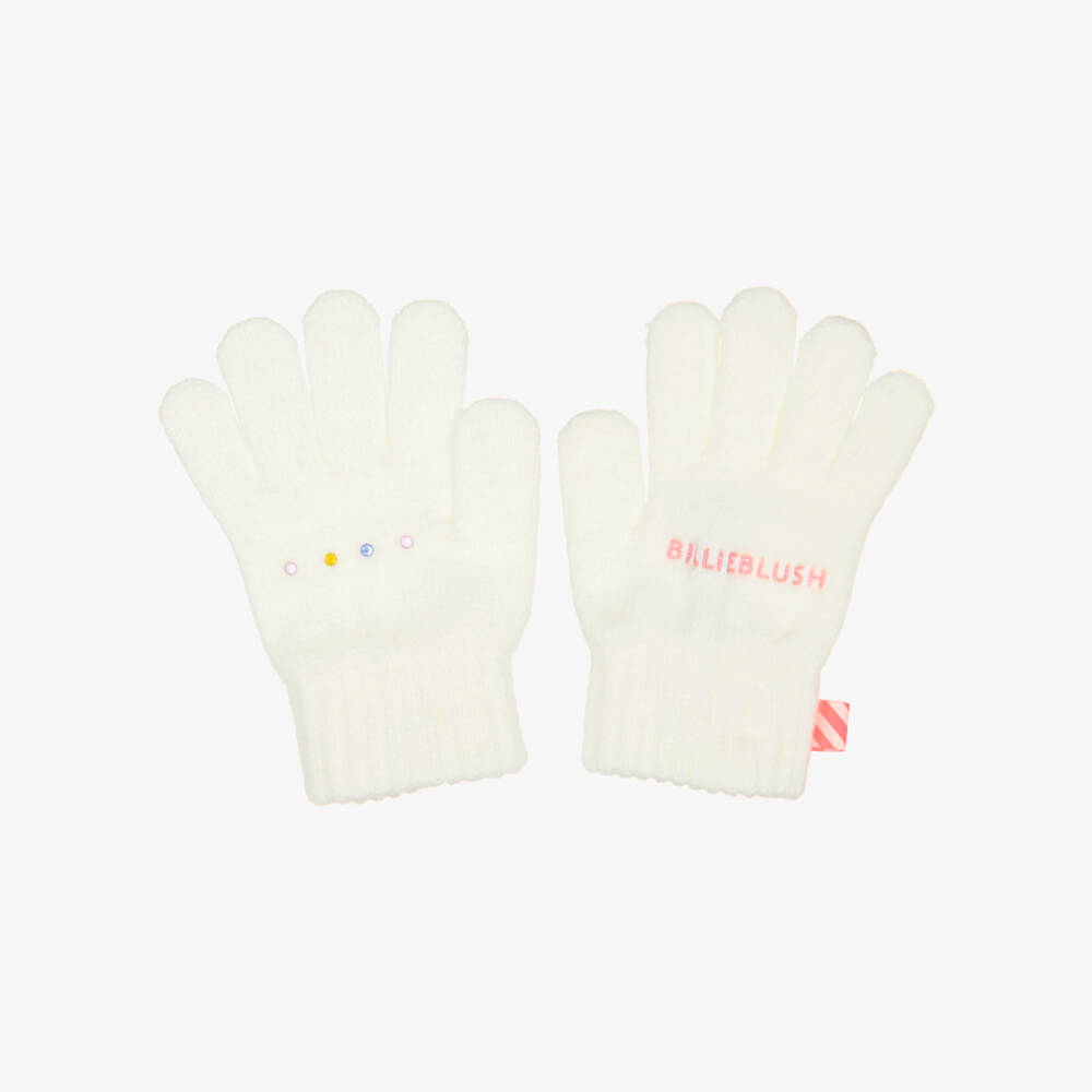 Billieblush-Girls Ivory Knitted Gloves with Colourful Diamanté | Childrensalon
