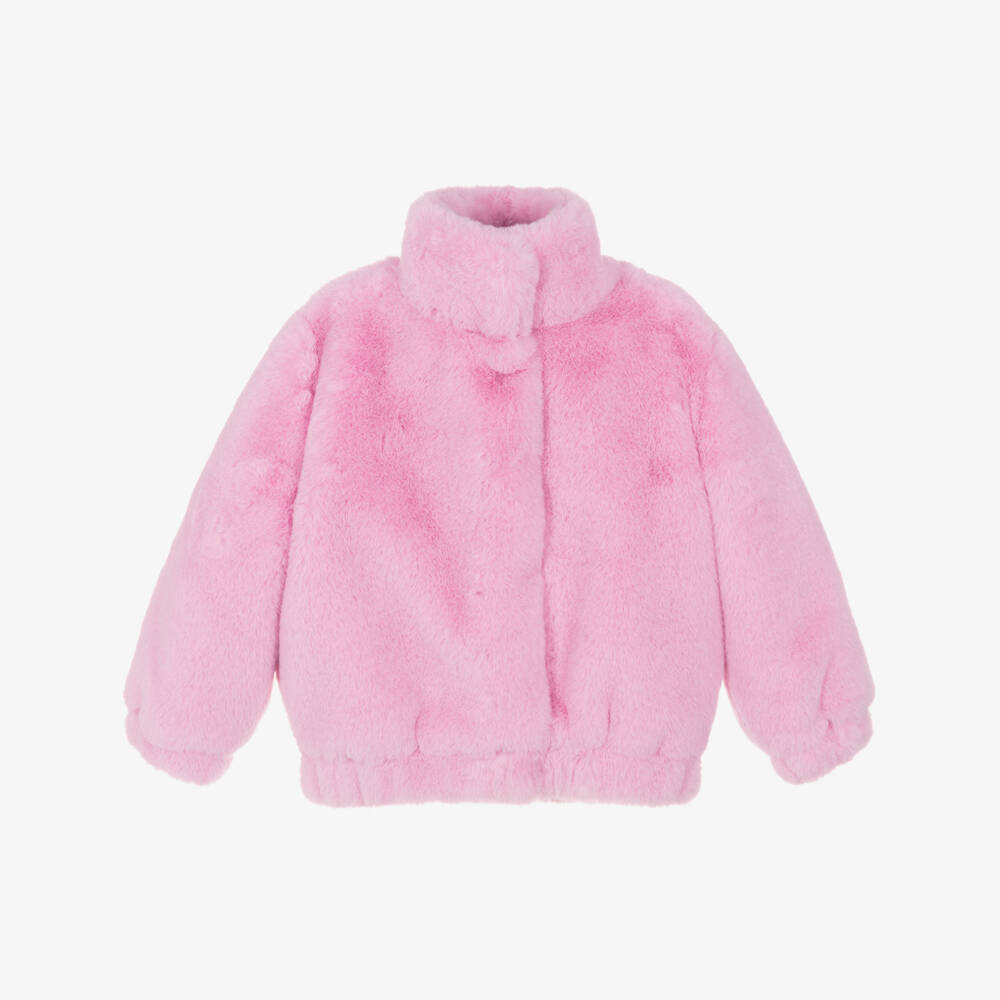 Billieblush-Girls Pink Heart & Rainbow Faux Fur Jacket | Childrensalon