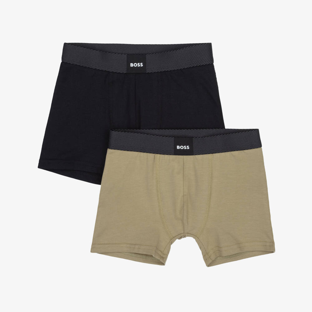BOSS-Boys Beige & Black Cotton Boxer Shorts (2 Pack) | Childrensalon