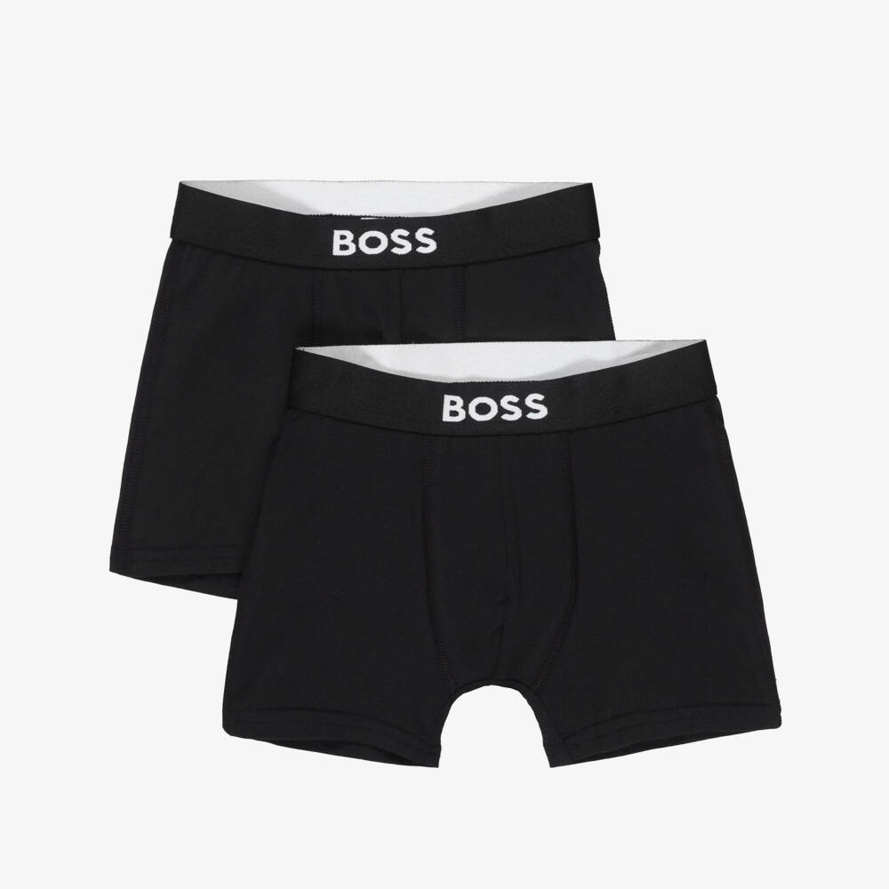 BOSS-Boys Black Cotton Boxer Shorts with Logo Waistband (2 Pack) | Childrensalon