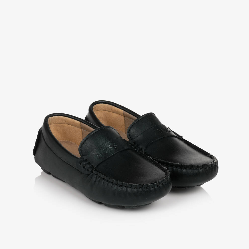 BOSS-Boys Black Leather Moccasins with Logo Strap | Childrensalon