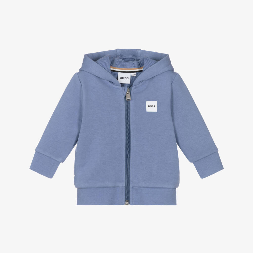 BOSS-Boys Blue Cotton Jersey Zip-Up Hooded Top | Childrensalon