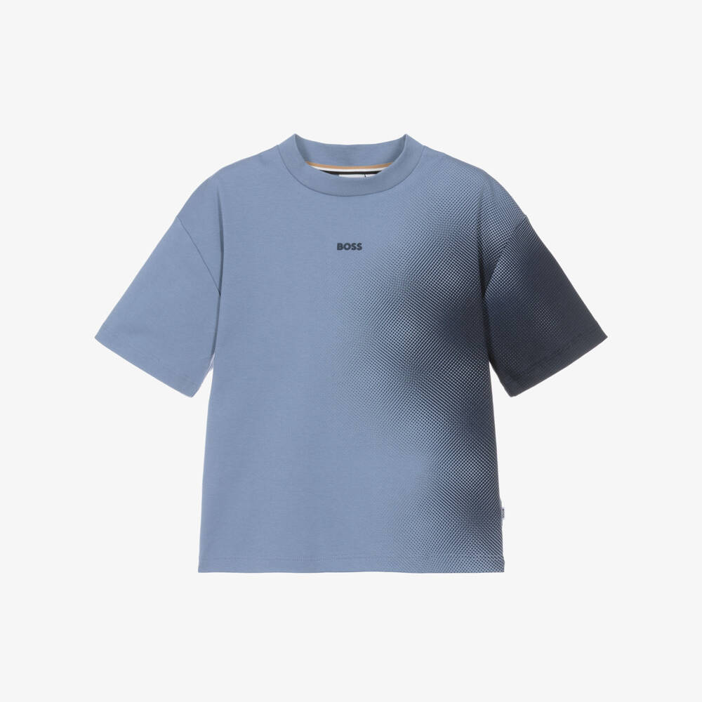 BOSS-Boys Blue Cotton T-Shirt with Gradient Print | Childrensalon