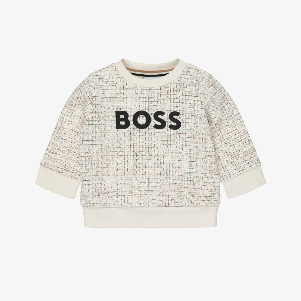 BOSS-Boys Ivory Check & Black Logo Sweatshirt | Childrensalon