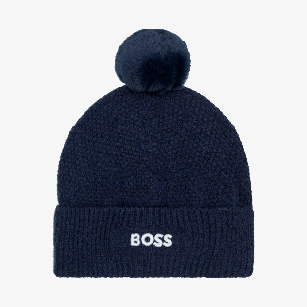 BOSS-Boys Navy Blue Knitted Pom-Pom Hat | Childrensalon