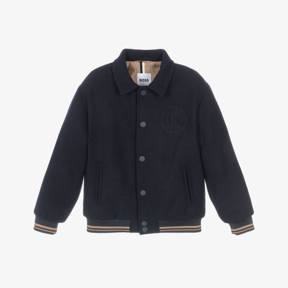 BOSS-Boys Navy Blue Varsity Jacket with Crest Embroidery | Childrensalon