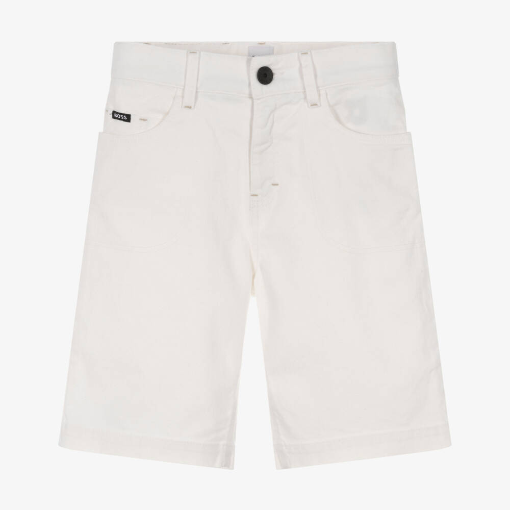 BOSS-Boys Off-White Cotton Denim Shorts | Childrensalon