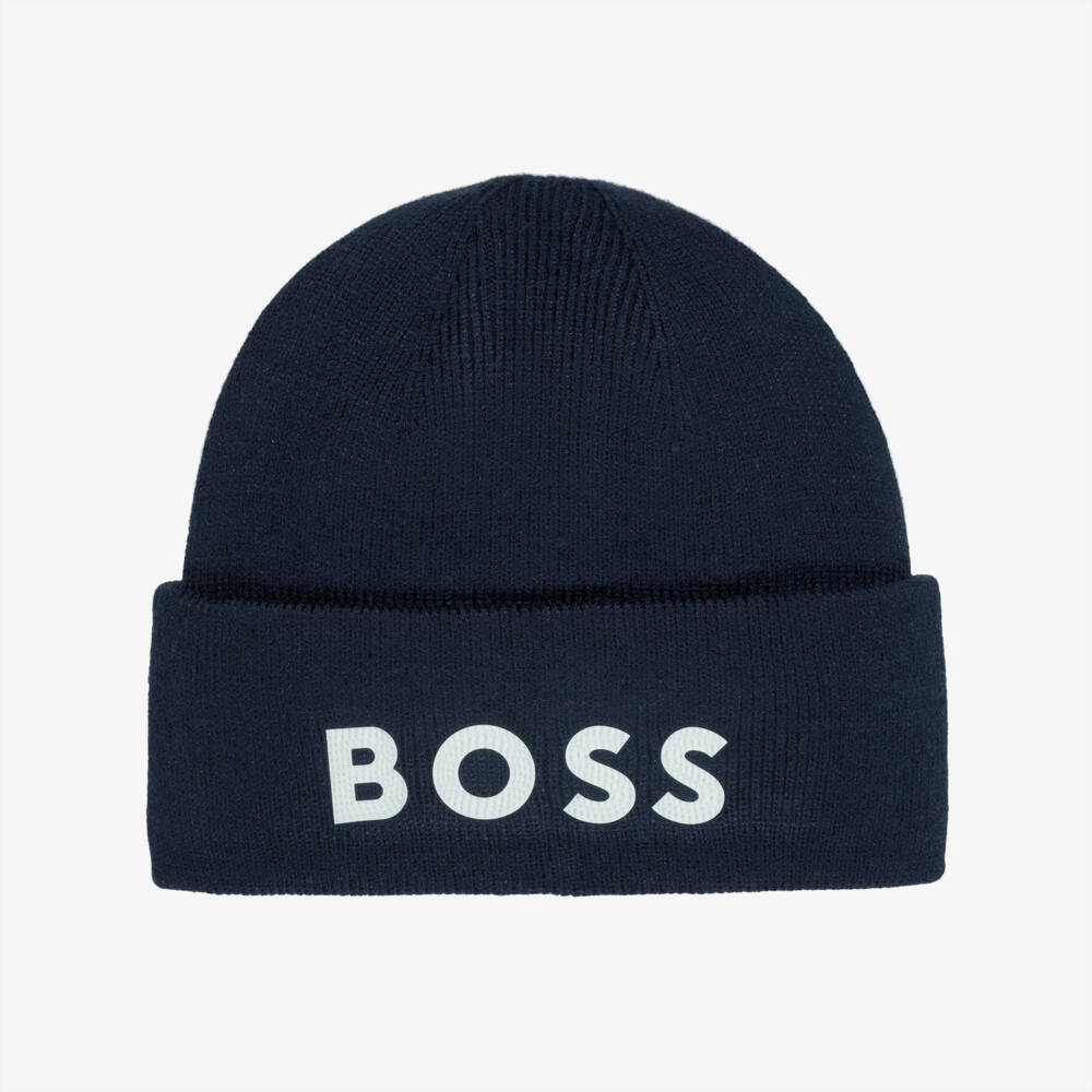 BOSS-Boys Ribbed Knit Beanie Hat in Dark Navy Blue | Childrensalon