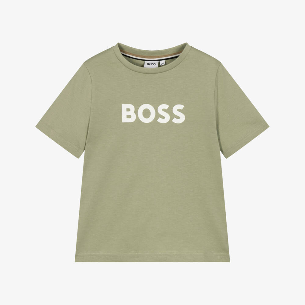 BOSS-Boys Sage Green Cotton T-Shirt with Logo Print | Childrensalon