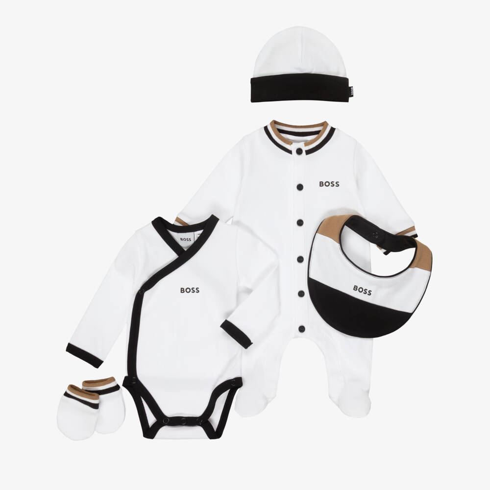 BOSS-Boys White Cotton Babysuit Gift Set with Signature Stripes | Childrensalon