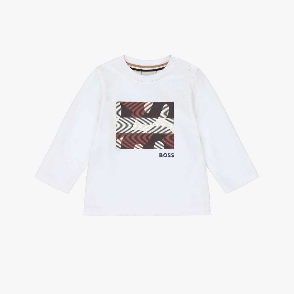 BOSS-Boys White Graphic Logo Long Sleeved Top | Childrensalon