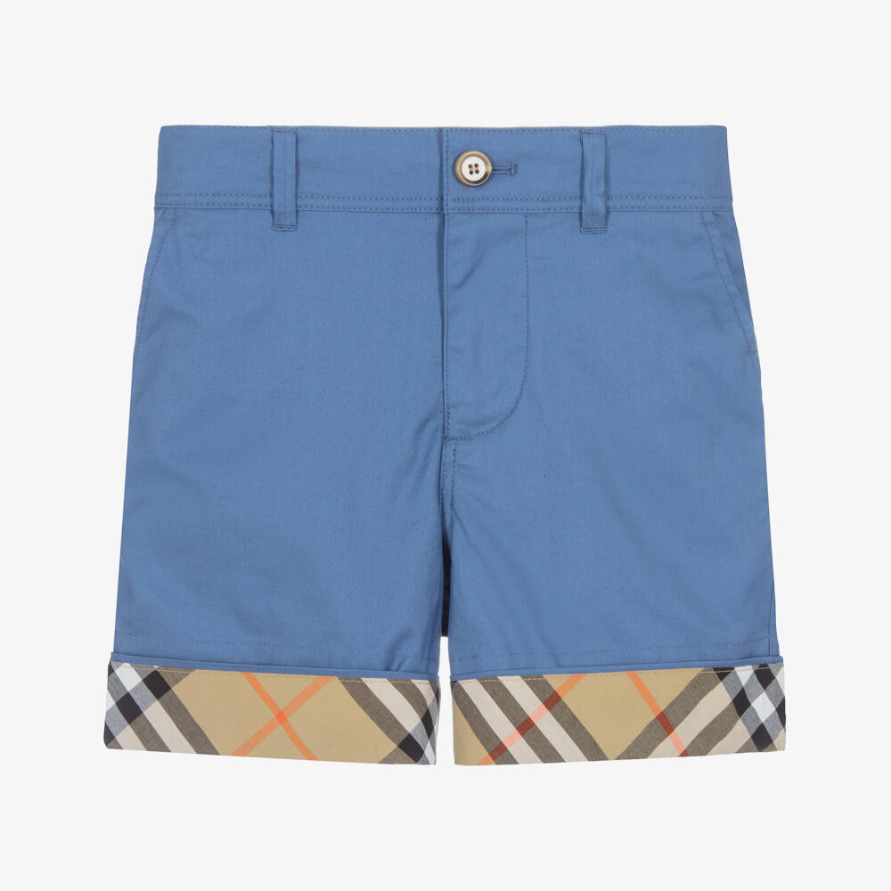 Burberry-Boys Blue Cotton Shorts with Beige Check Turn-Ups | Childrensalon
