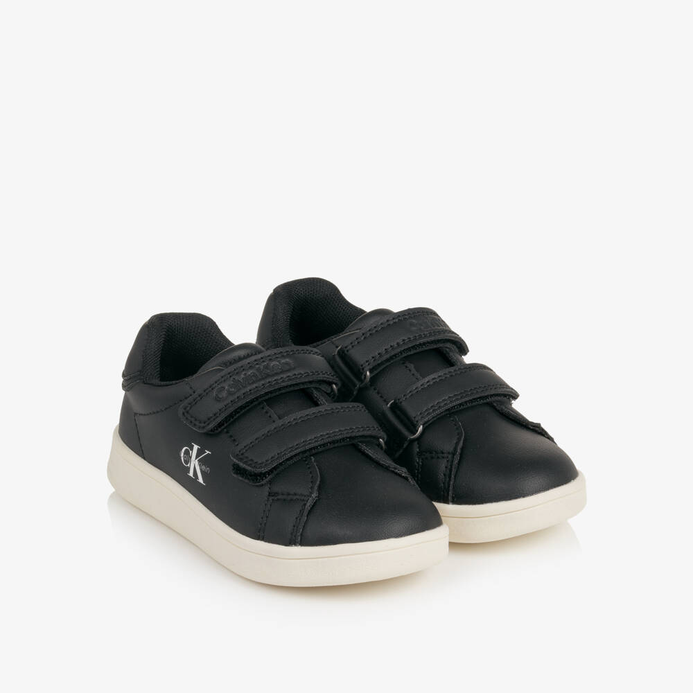 Calvin Klein-Black Faux Leather CK Logo Trainers | Childrensalon