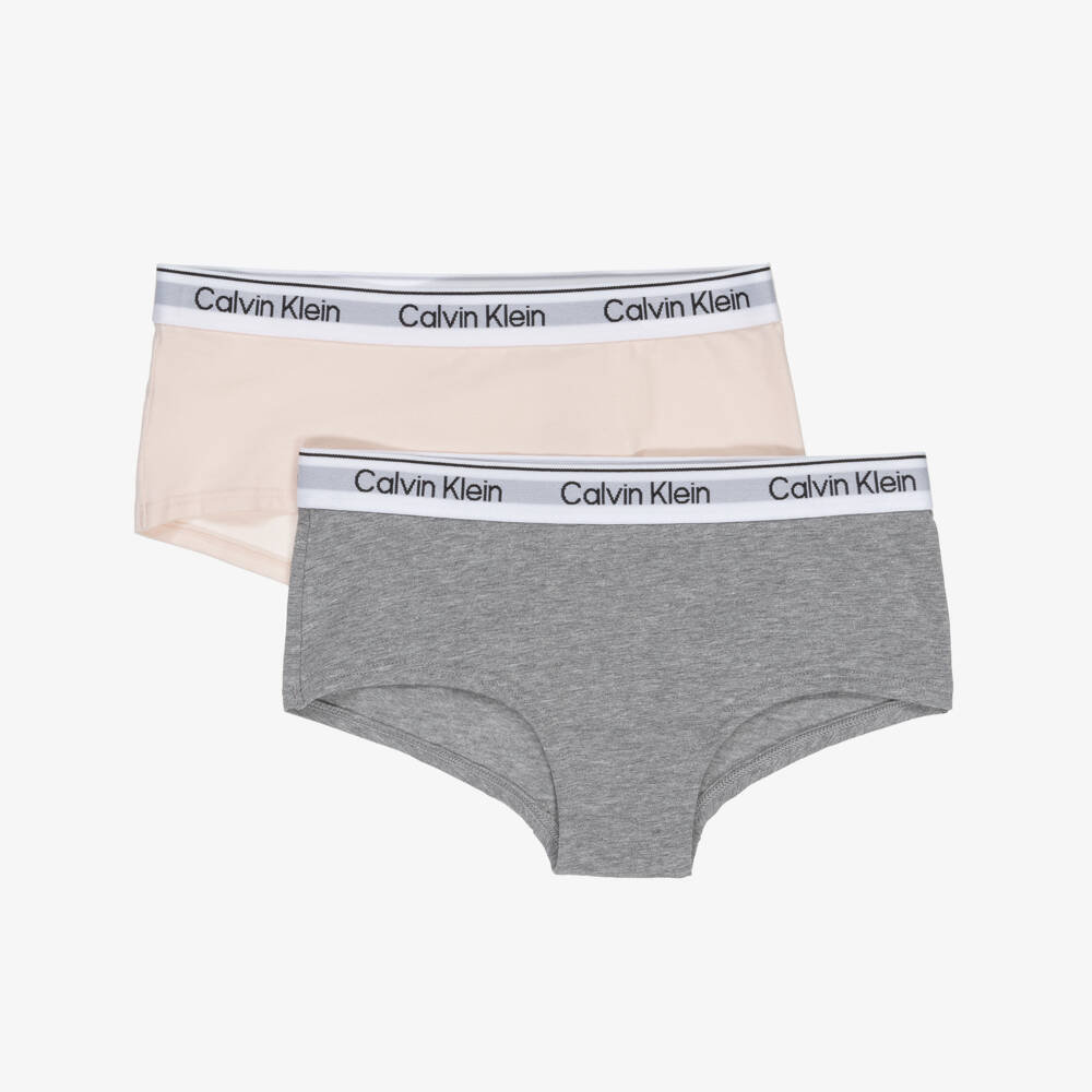 Calvin Klein-Girls Grey & Pink Cotton Knickers (2 Pack) | Childrensalon