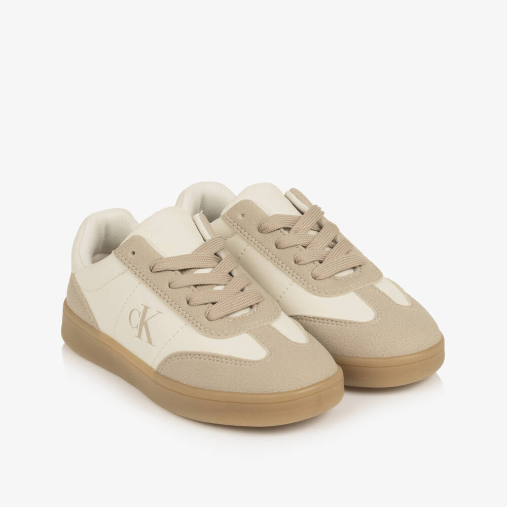 Calvin Klein-Girls Ivory & Beige Faux Leather Lace-Up Trainers | Childrensalon