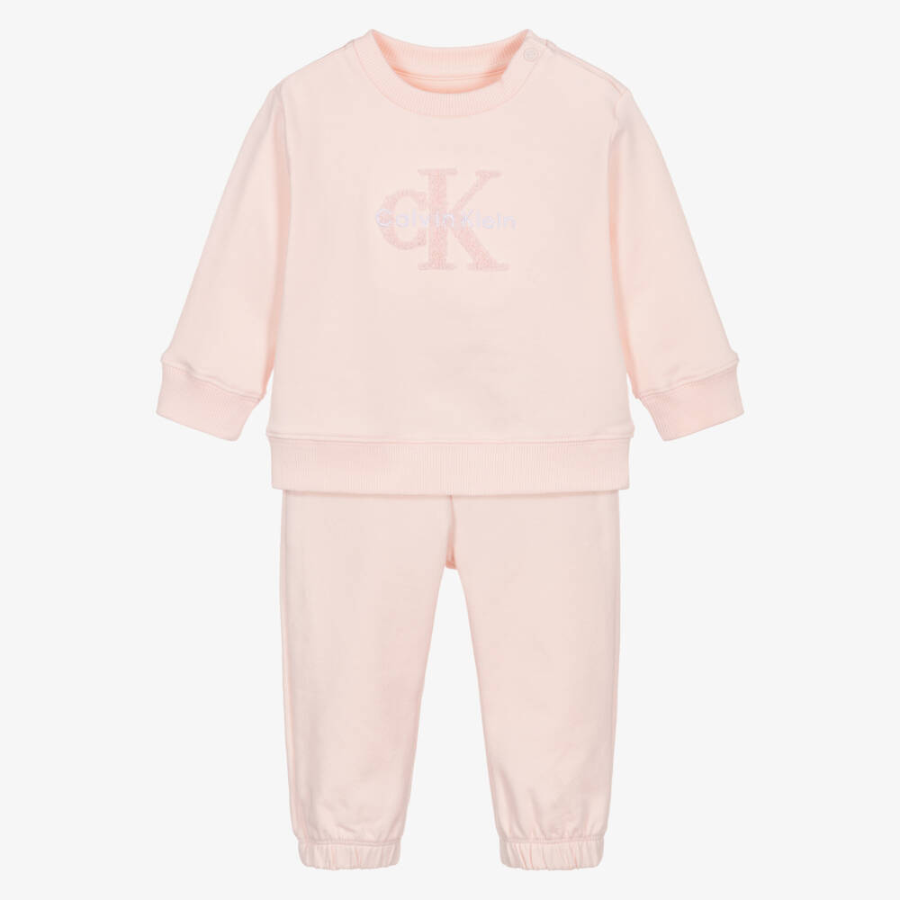 Calvin Klein-Girls Pink Cotton Tracksuit with Bouclé Logo | Childrensalon