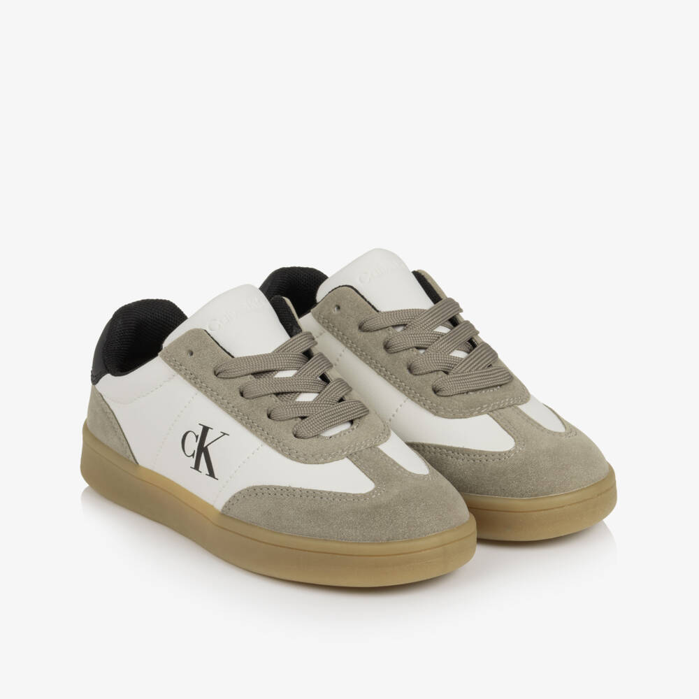 Calvin Klein-Ivory & Taupe Faux Leather Lace-Up Trainers | Childrensalon