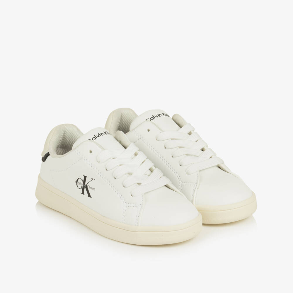 Calvin Klein-White CK Logo Lace-Up Trainers in Faux Leather  | Childrensalon