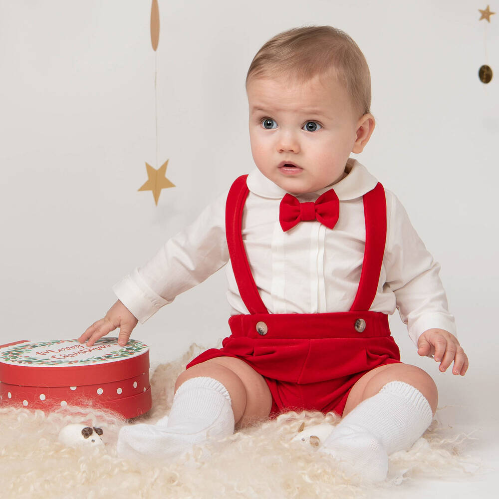 Caramelo Kids-Baby Boys Ivory & Red Velvet Shorts Set | Childrensalon